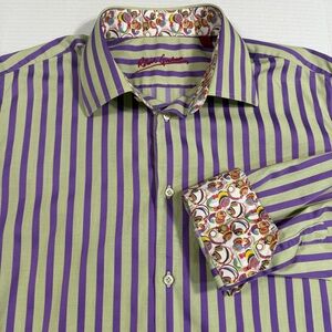 Robert Graham long-sleeve button-down, green & purple vertical stripes Large